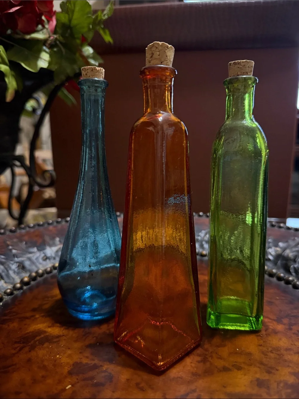 Pier 1 Blue, Amber & Green Glass Bottle Trio with Corks - Each 6 in tall